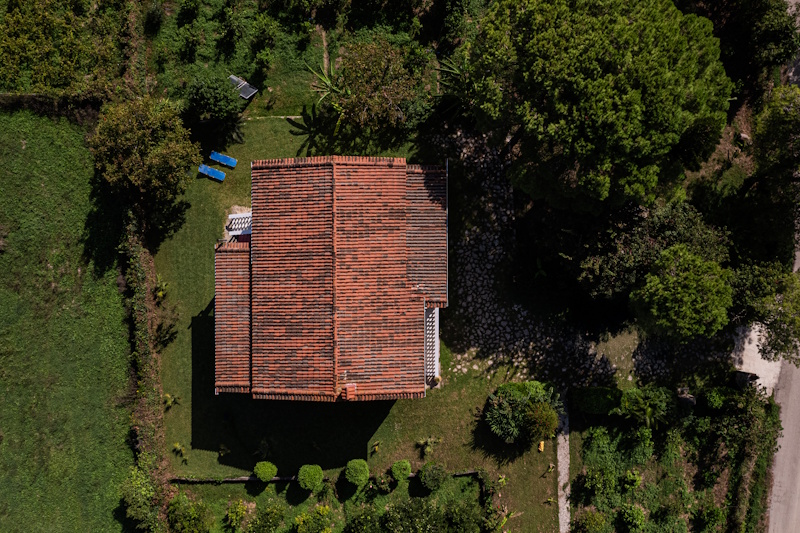 Aerial top view of Selini Villa in Kalithea with garden and outdoor space