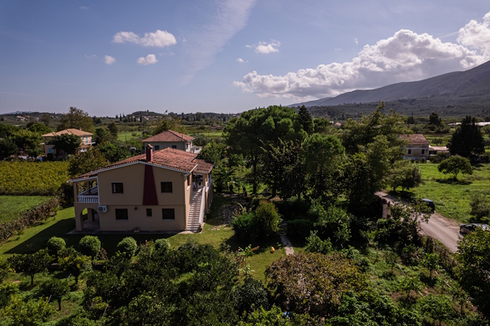 Selini Villa in Kalithea surrounded by olive trees and countryside with mountain view