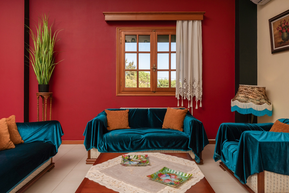 Living room seating area at Selini Villa in Kalithea