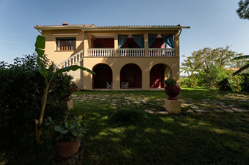 Front exterior of Selini Villa in Kalithea with garden and balcony